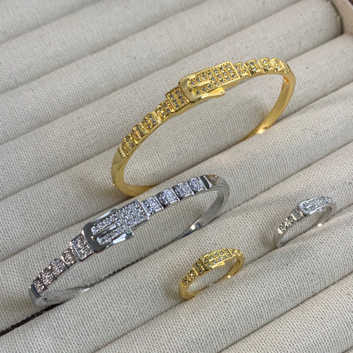 Buckle Cascade · Gold-Plated Tiered Diamond Cuff & Ring Set