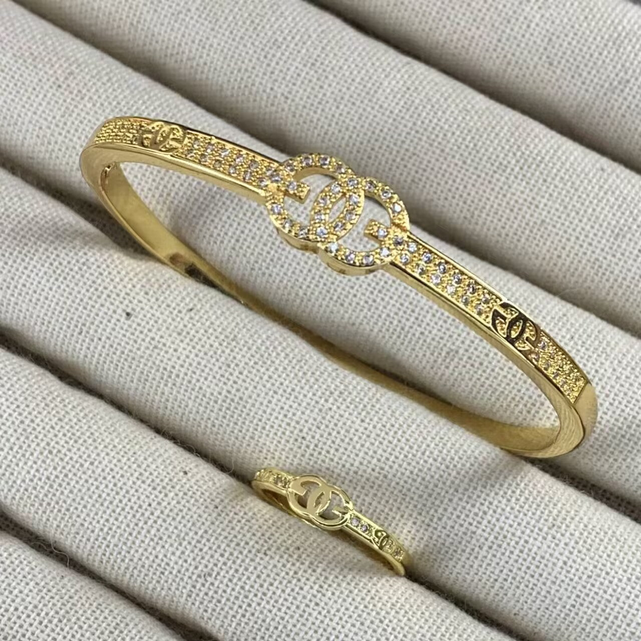 GG · Gold-Plated Diamond Letter Cuff & Ring Set