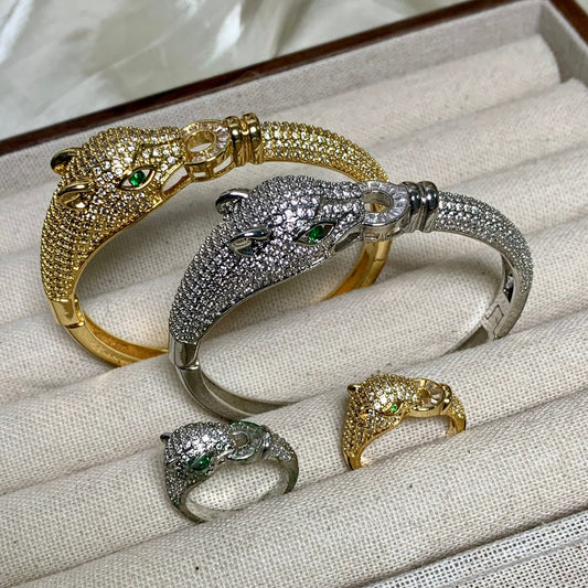 Emerald Embrace · Gilded Panther Bracelet & Ring Set