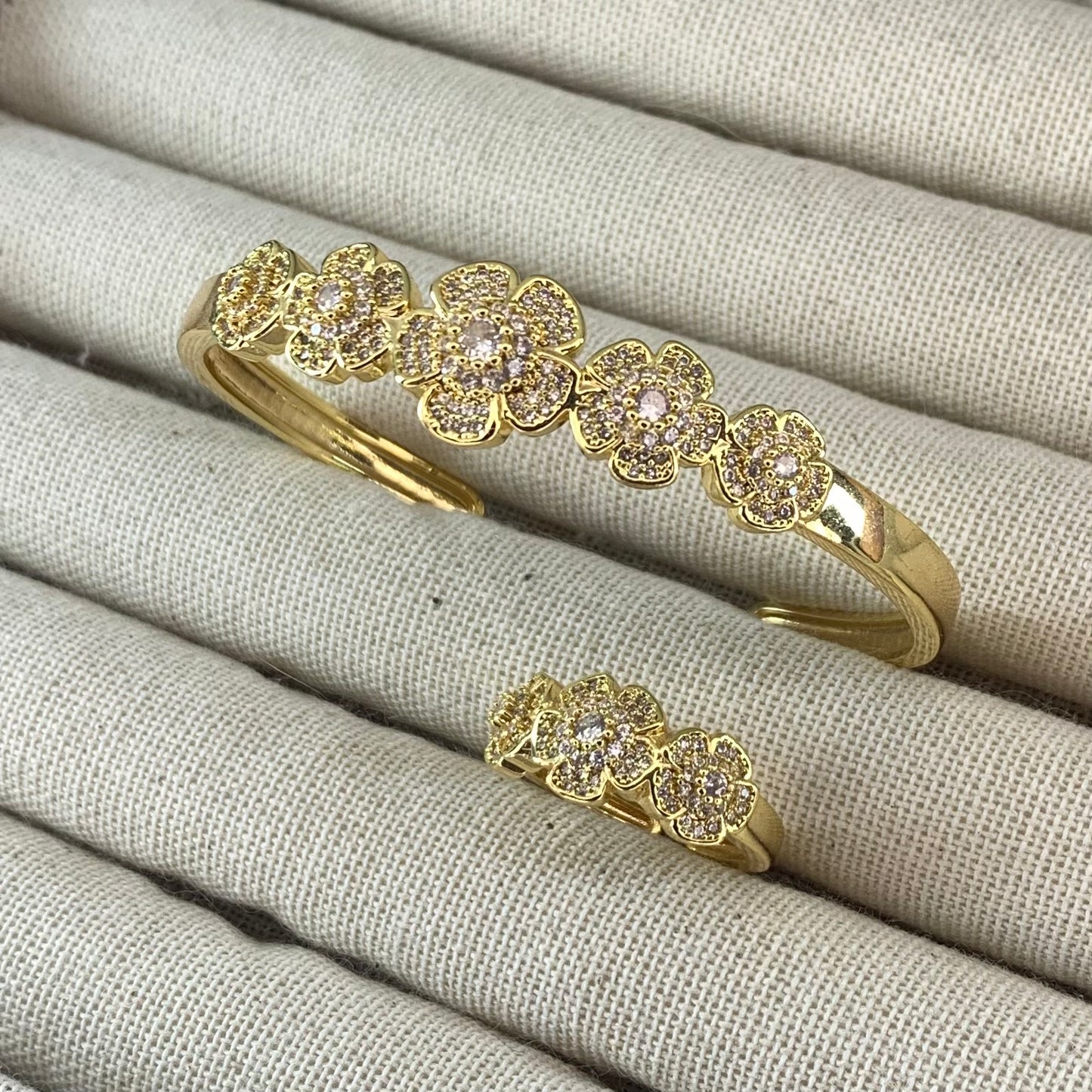 Floral Cascade · Adjustable Gold-Plated Diamond Blossom Set
